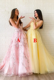 A Line Spaghetti Straps V Neck Lace Appliques Beads Lace Up Prom Dresses
