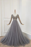 A Line Long Sleeves V Neck Gray Tulle Prom Dresses with Beading, Evening Dress STA15549