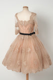 Tulle Homecoming Dresses A Line Scoop Mid-Length Sleeves