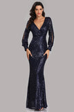 Long Split Sleeve Mermaid V Neck Dark Navy Blue Sequins Prom Dresses, Formal Dress STA15256