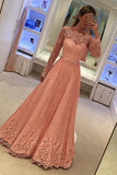 Prom Dresses Long Sleeves A Line Lace With Applique