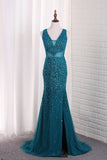 Straps Mermaid Prom Dresses Tulle With Beads And Slit