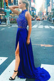 2 Pieces High Neck Royal Blue Beading Long Beautiful Prom Dresses For