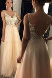 Champagne Lace Tulle Beading A-Line V-Neck Simple Flowy Prom