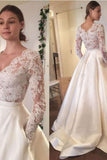 New Arrival Wedding Dresses A-Line V-Neck Long Sleeves Satin Skirt With Applique