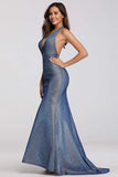 Sexy V Neck Halter Blue Backless Prom Dresses, Cheap Long Party Dresses STA15365