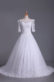 Mid-Length Sleeves Boat Neck Wedding Dresses A Line Tulle With Applique And Beads