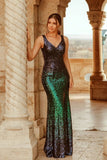 Sexy V Neck Sequin Evening Dress with Thigh High Slit Straps Green Long Prom Dresses STA15367