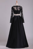 Bateau Long Sleeves Two-Piece Floor Length Prom Dresses Satin
