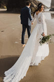Charming A Line Long Sleeves V Neck Lace Ivory Beach Wedding Dresses, Bridal STA15623
