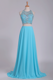 Two Pieces Halter Beaded Bodice A Line Prom Dress