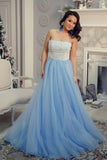 Charming Strapless Long Lace Tulle Light Blue Elegant Prom