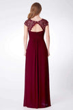 Elegant A Line Cap Sleeve Burgundy Lace Prom Dresses with Chiffon, Bridesmaid Dresses STA15145