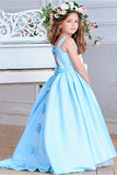 Princess A Line Sky Blue Satin Flower Girl Dresses with Bowknot, Baby Dresses STA15586