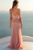 Mermaid One Shoulder Tulle With Beads And Sash Prom Dresses Sweep