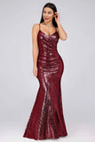 Sexy Spaghetti Straps Burgundy Sequins V Neck Party Dresses Mermaid Prom Dresses STA15358