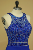 Dark Royal Blue Open Back Prom Dresses Scoop Spandex With Beading And Slit Sweep Train