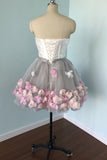 Cute Gray Strapless Tulle Homecoming Dresses with Flowers Short Sweet 16 Dresses STA14971