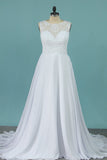 A Line Scoop Chiffon Wedding Dresses With Applique Sweep