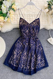 A Line Spaghetti Straps Lace V Neck Navy Blue Homecoming Dresses, Sweet 16 Dresses STA15555