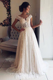 A Line Cap Sleeve Lace V Neck Chiffon Ivory Beads Wedding Dresses, Wedding Gowns STA14996