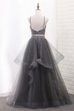 A Line Tulle Spaghetti Straps Two-Piece Prom Dresses With