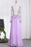 A Line Long Sleeves Scoop Chiffon Prom Dresses With