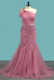 One Shoulder Prom Dresses Mermaid Tulle With Beads And Sash Sweep