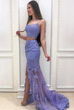 Elegant Two Pieces Mermaid Lilac Lace Slit Long Prom Dresses, Formal STA20417