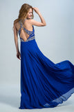 Halter A-Line/Princess Prom Dresses Tulle And Chiffon Dark Royal Blue Sweep Train