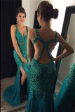 Tulle Straps With Beads And Slit Prom Dresses Mermaid Open