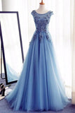 Appliques A-Line Sleeveless Ice Blue Tulle Prom Dresses Long,Evening