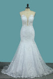Tulle Scoop Wedding Dresses Mermaid With Applique Chapel