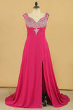 Prom Dresses Straps With Beads And Slit Sweep Train Plus