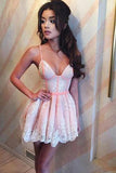 Cute Spaghetti Straps V Neck Pink Satin Homecoming Dresses with Lace Short Prom Dress STA14973