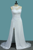 A Line Scoop Chiffon Wedding Dresses With Applique And Slit Sweep