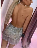 Sexy Sparkly Halter Mermaid Short Prom Dresses, Backless V neck Cocktail Dresses STA15361