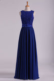 Dark Royal Blue Prom Dresses Scoop A Line Chiffon With Beading Floor Length