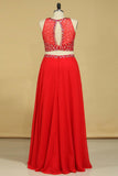 Red Scoop Two Pieces A Line Prom Dresses Beaded Bodice Open Back Chiffon &