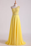 Hot One Shoulder A Line Prom Dress Beaded Tulle And Chiffon Court Train