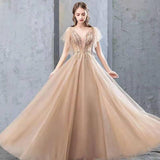 A Line V Neck Tulle Long Prom Dresses, Cheap Evening Dress with STA20488