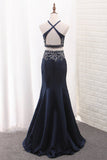 Mermaid Two-Piece Satin Spaghetti Straps Prom Dresses With