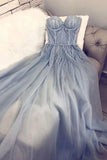 A Line Blue Strapless Sweetheart Tulle Appliques Prom Dresses, Charming Prom Gowns STA14993