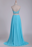 Two Pieces Halter Beaded Bodice A Line Prom Dress