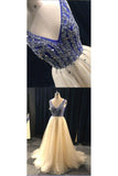 Champagne And Blue Long V-Neck Beading Backless Prom