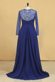 Long Sleeves Scoop A-Line Chiffon With Beads And Ruffles Prom Dresses