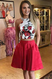 Two Pieces Red Floral Homecoming Dresses With