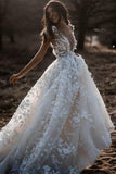 A Line Ivory V Neck Country Wedding Dresses with Appliques, Beach Wedding Gowns STA15548