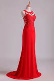 Popular Scoop Column Prom Dresses With Beading And Applique