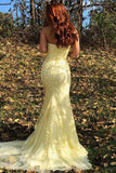 Yellow Mermaid Strapless Lace Appliques Prom Dresses with Slit, Evening STA20475